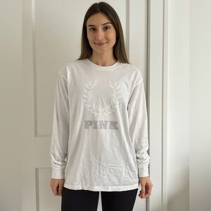VS PINK Campus Cotton Long Sleeve Tee White BLING S NWOT